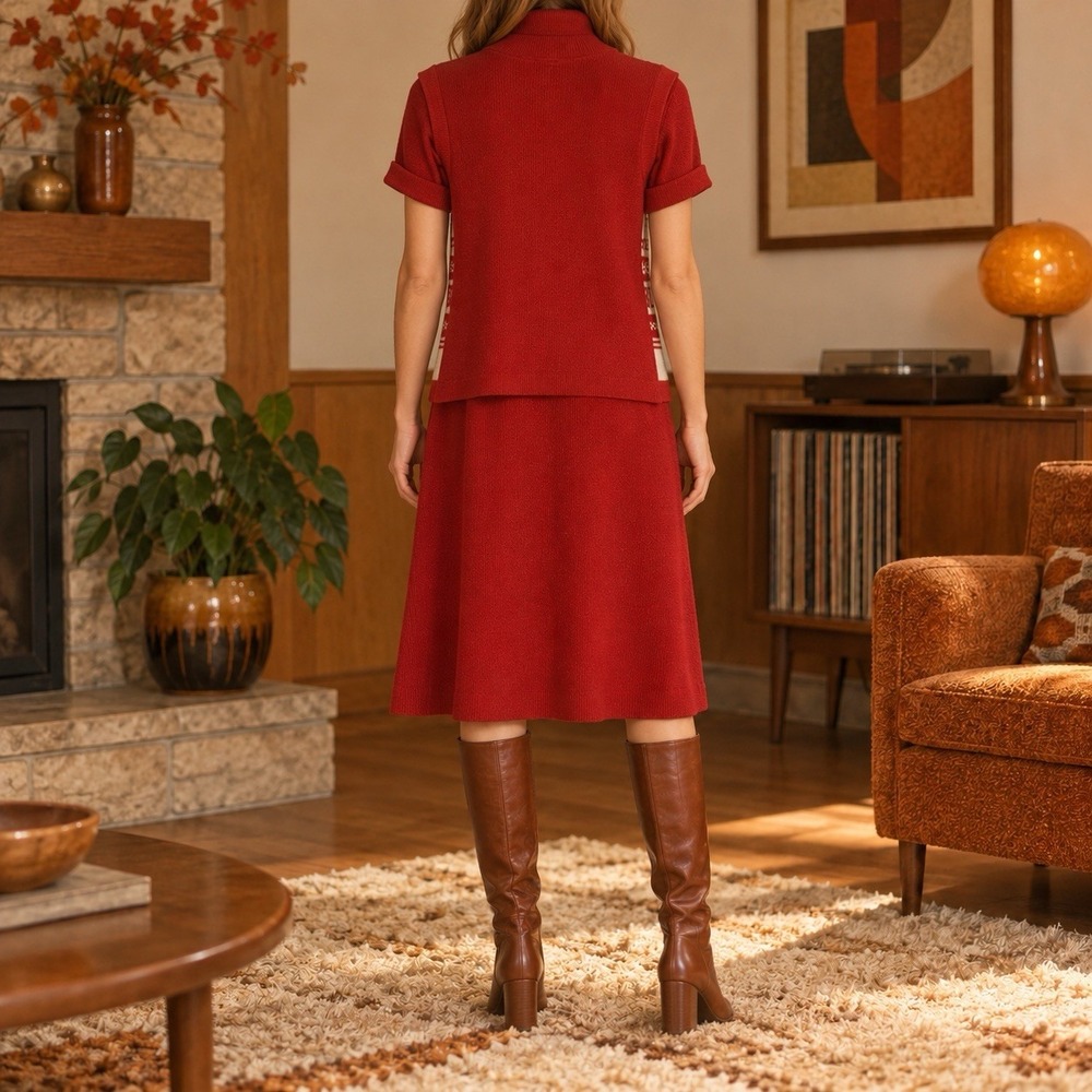 Vintage 70s Stage 7 Red Knit Dress Vest Set Mod Geometric USA Made Women's - Picture 2 of 16